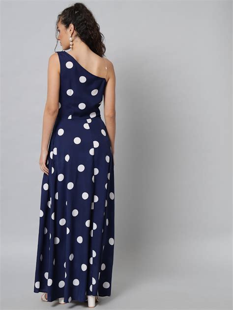 Emeros White Polka Navy Cocktail Partywear One Shoulder Maxi Dress