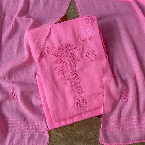 Bright Pink Whispers of Marigold Hand Embroidered Pure Mul Chanderi Un ...