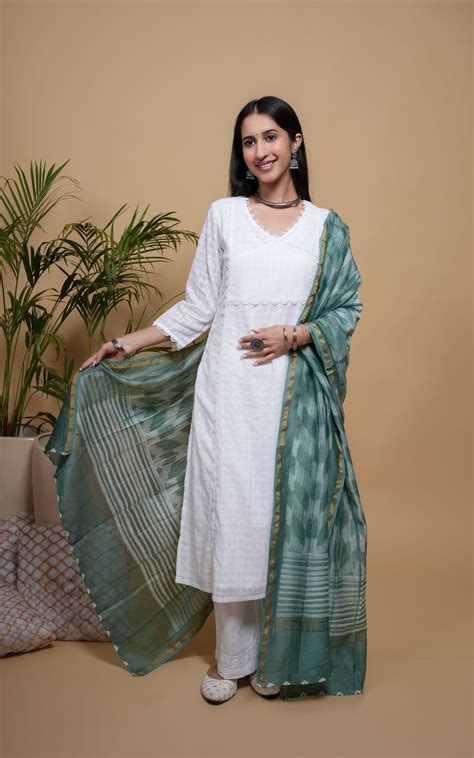 White Cotton Dobby Button & Lace Work Angrakha Neck Women's Kurta – Vari