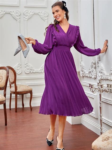 Modelyn Frill Trim Lantern Sleeve Plisse A-line Dress | SHEIN USA