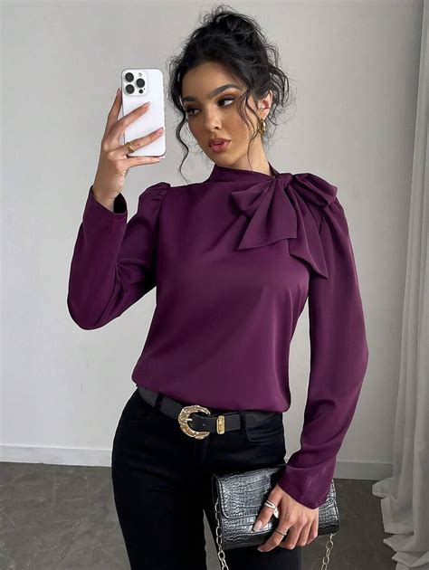 Gloray 1pc Women's Solid Color Stylish Tie Collar Puff Sleeve Blouse ...