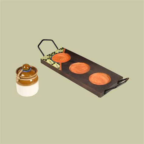 Wooden Colored Tray With Handle & 3 Ceramic Pickle Jars Handmade By Ta