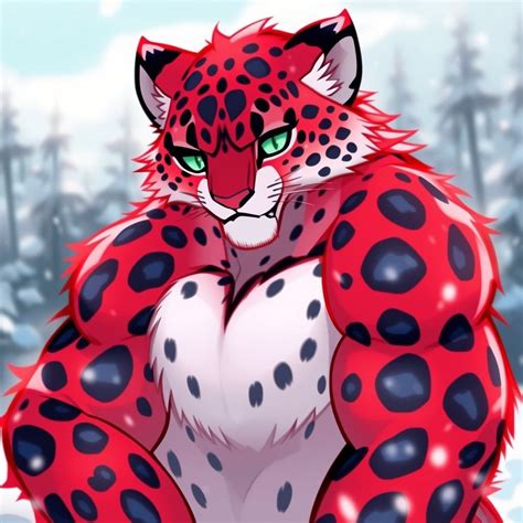 Snow Leopard OC, red fur, dark-blue | furry.ai
