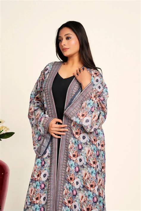 Women Chiffon Open Front Shrug Full Length Printed Modest Wear Overlay