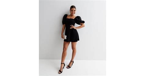 Black Square Neck Short Puff Sleeve Mini Skater Dress | New Look