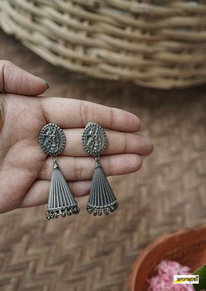 German Silver Antique Radha Krishna Embossed Jhumkas – Amrapali Boutique