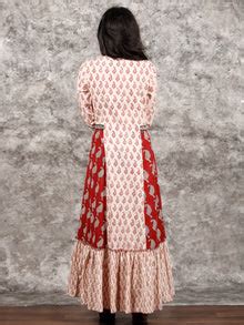 White Red Black Bagh Printed Panelled Cotton Long Dress With Front Ope ...