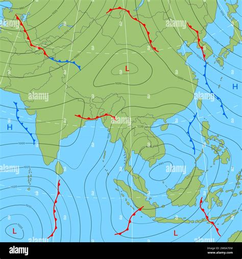 Forecast weather isobar map of Asia with wind fronts and temperature ...
