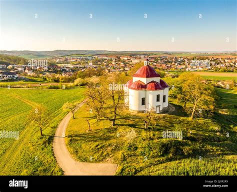 Aerial view of baroque chapel near Rosice city, Czech republic. Catholic religion building is ...