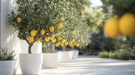 Enjoy a charming Mediterraneanstyle backyard featuring lemon trees in elegant white pots ...