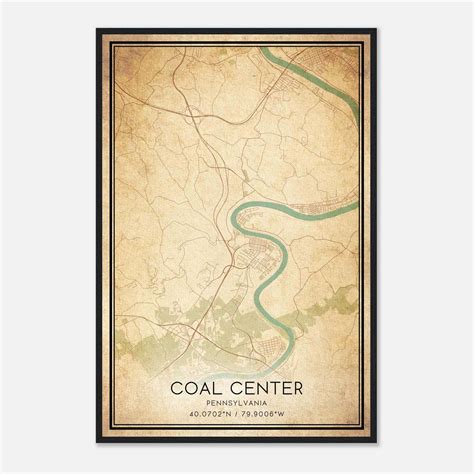 Vintage Coal Center Pennsylvania Map Poster, Coal Center PA City Road ...