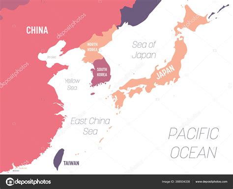East Asia map. High detailed political map of eastern region with country, ocean and sea names ...