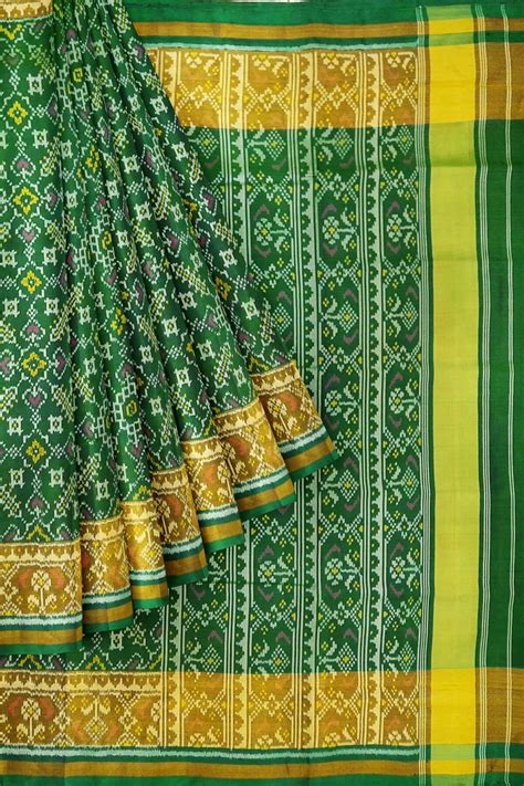 Handwoven Patola pure silk saree in green in pan bhat pattern