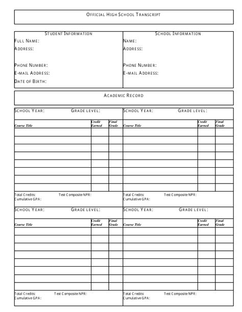 Image result for Sample High School Transcript Template