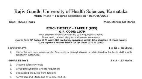 MBBS Phase I Biochemistry Exam - Paper I (RS3) - QP 1079 - Studocu