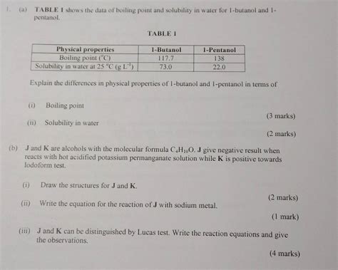 Solved: 1. (a) TABLE I shows the data of boiling point and solubility in water for 1-butanol and ...