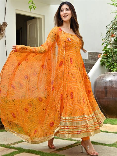 Buy Orange Printed Anarkali Online | Lavanya The Label