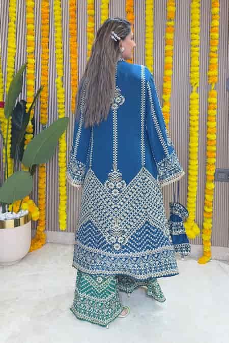 Buy Teal Crepe Mirrors Mandarin Collar, Keyhole Neck Work Kurta And ...