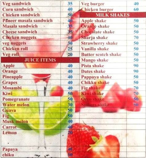 Menu at Juice Spot, Chennai, 651