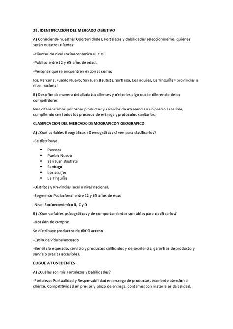 Punto 20 y 21 laboratorio - 20. IDENTIFICACION DEL MERCADO OBJETIVO A) Conociendo nuestras - Studocu