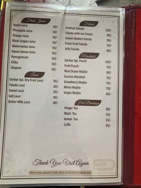 Menu at Biryani Darbar, Nizamabad
