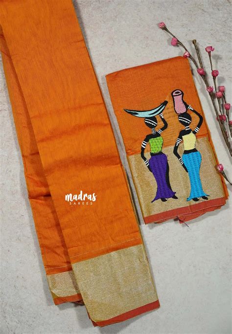 Orange - Fancy Cotton Saree with Village Folk Art Motif embroidery Blo ...