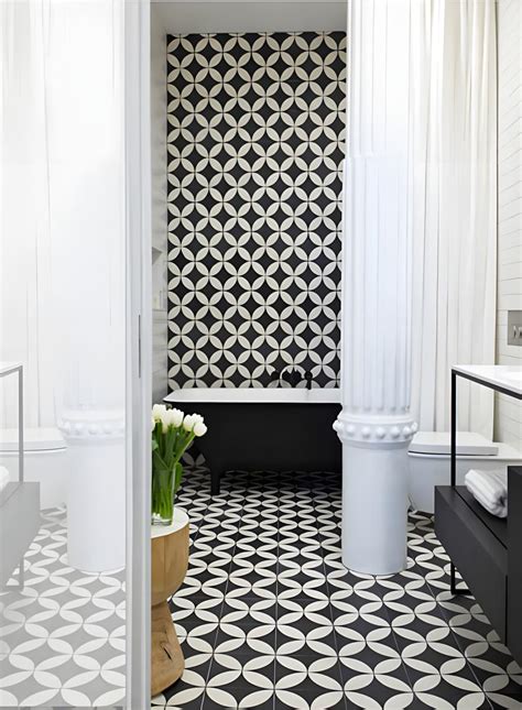 Bold Monochrome Bathroom with Geometric Patterns and Statement Columns