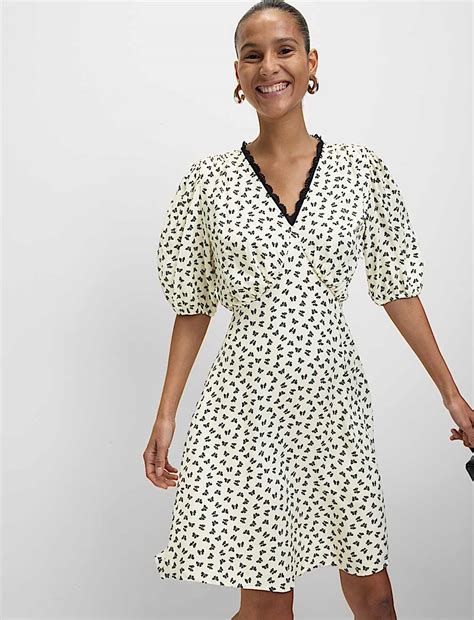 Buy Printed V-Neck Tie Waist Mini Tea Dress at Marks & Spencer