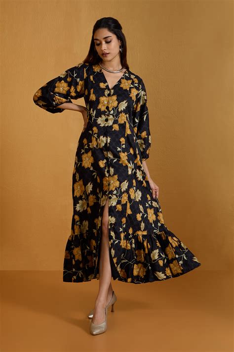 Noir Sunshine Midi Dress with Ruffle Border - maati crafts