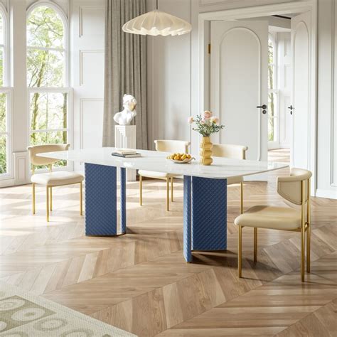 White Contemporary/Modern Dining Table, Composite with Bronzing Gold ...