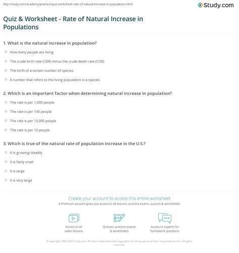 Quiz & Worksheet - Rate of Natural Increase in Populations | Study.com