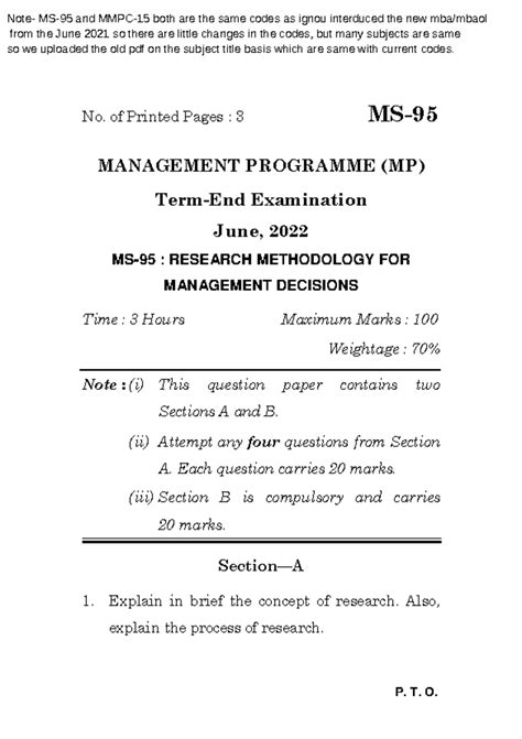 MS-95 June 2022 - mba - P. T. O. No. of Printed Pages : 3 MS- 95 ...