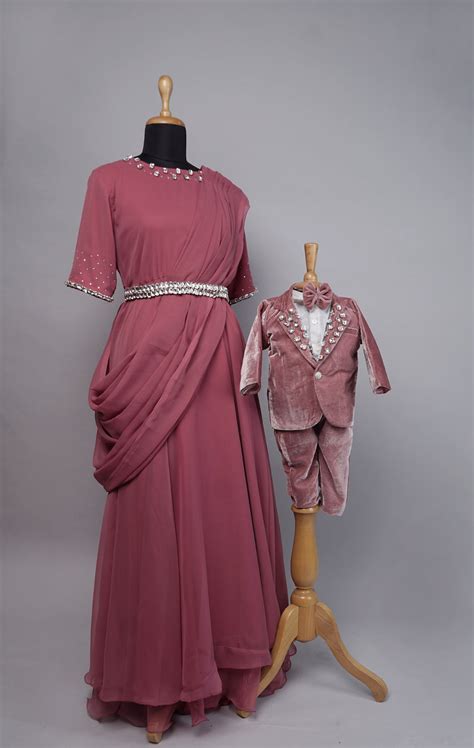 Dark Blue with Sandal Colour Semi Grand Mom and Son Combo Matching Set ...