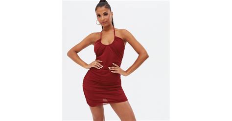 Pink Vanilla Dark Red Ruched Mini Halter Dress | New Look