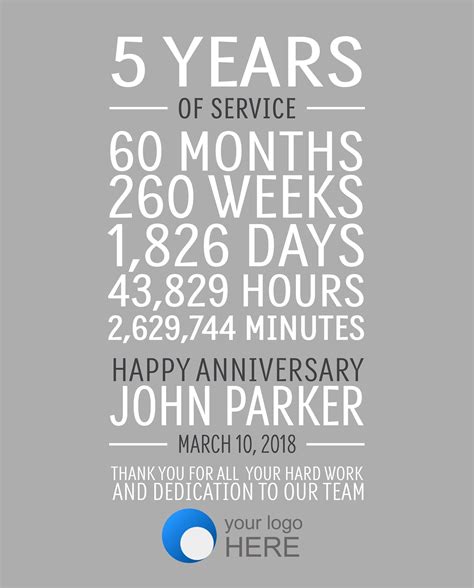 5 Year Work Anniversary Print, Employee Gift, 5 Years of Service ...