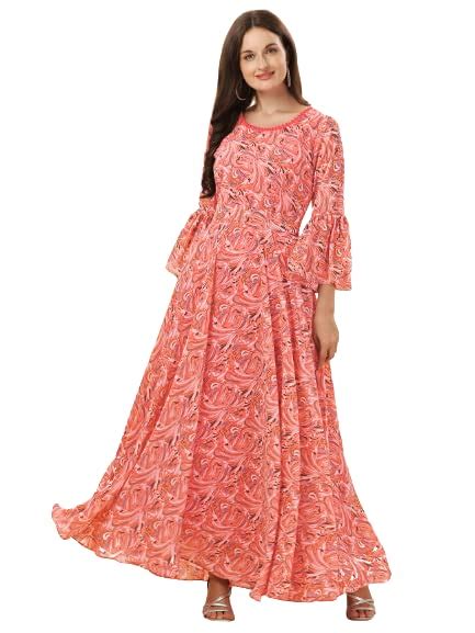 Buy vivaraa fashion Women's Coral Floral Georgette Maxi Dress ...