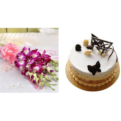 Purple Orchids and Butterscotch Cake Combo | Send Flowers and Cakes ...