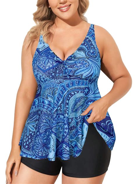 Chama Women's Plus Size Tankini Swimsuits V Neck Flowy Swimwear Two ...