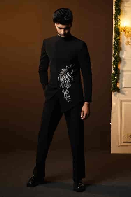 Buy Black Poly Italian Embroidery Cutdana Horse Placement Bandhgala Set ...