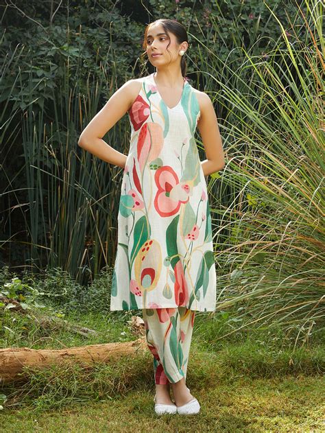 Ivory Printed Cotton Slub Dress
