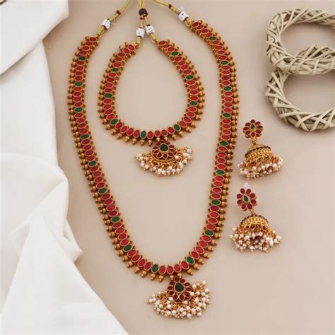 Vihaa Jewellery Classic Pearl Gold Plated Long and short combo temple ...
