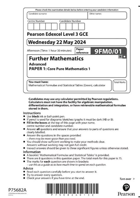 EDEXCEL A LEVEL FURTHER MATHS 2024 PAPER 1 CORE PURE MATHEMATICS 1 QP ...
