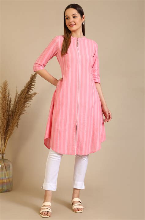 Buy Pink Stripe Pure Cotton A-line Kurta Online for Woman | Shop for ...
