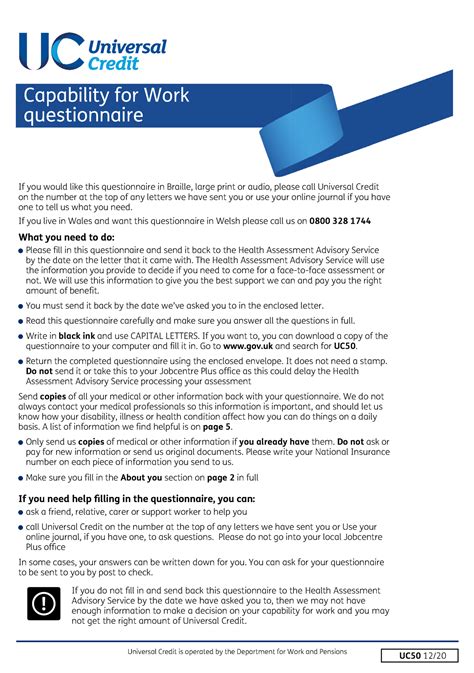 L3 - Universal Credit capability for work questionnaire (UC50) - Capability for Work ...
