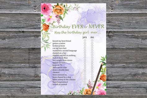 Watercolor flowers birthday ever or never game adult birthday party ...