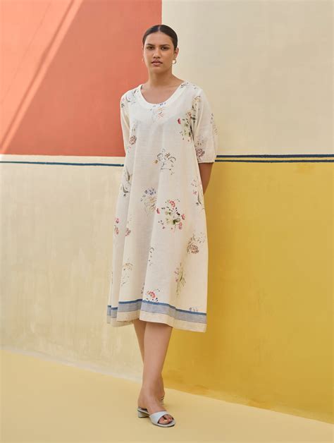 Kaya Floral Linen Dress With Overlay - Ivory – Manan