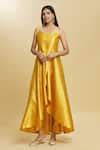 Buy Yellow Silk Sweetheart Neck Asymmetric Flared Kurta With Trouser ...