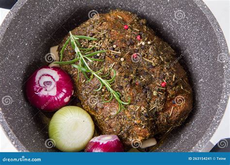 Raw pork loin seasoned stock image. Image of lumbus - 263154241