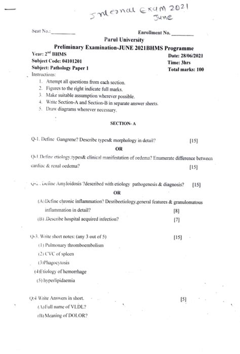 2nd BHMS Internal Exam Paper Pathology 1 June 2021 - Seat No .: _ ___ E ...