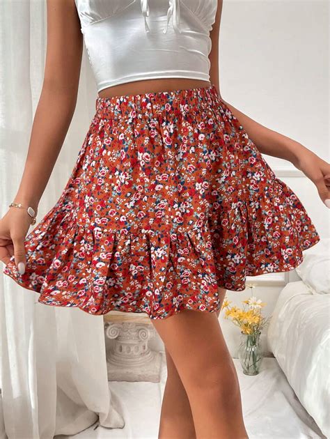 SHEIN VCAY Women's Floral Print Ruffle Hem Short Skirt For Vacation ...
